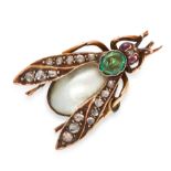 AN ANTIQUE JEWELLED FLY BROOCH in yellow gold, designed as a fly, the body set with a pearl, with