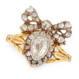 A DIAMOND SWEETHEART RING in high carat yellow gold, in ribbon and heart motif, set with old and