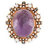 AN ANTIQUE AMETHYST CAMEO, DIAMOND, ENAMEL AND PEARL BROOCH, 19TH CENTURY in 18ct yellow gold, set