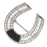 AN ANTIQUE ONYX, DIAMOND AND PEARL HORSESHOE BROOCH in white gold or platinum, designed as a
