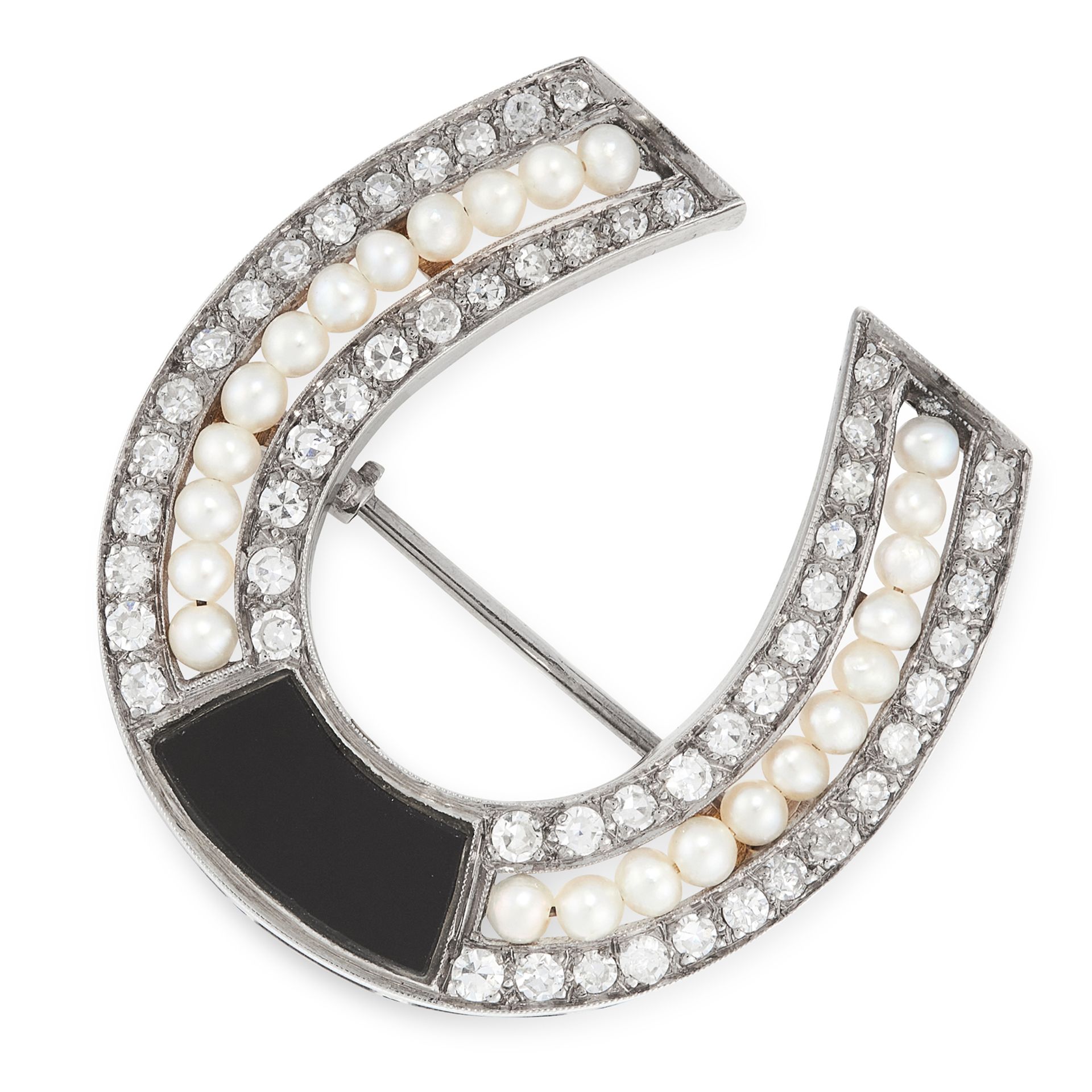 AN ANTIQUE ONYX, DIAMOND AND PEARL HORSESHOE BROOCH in white gold or platinum, designed as a