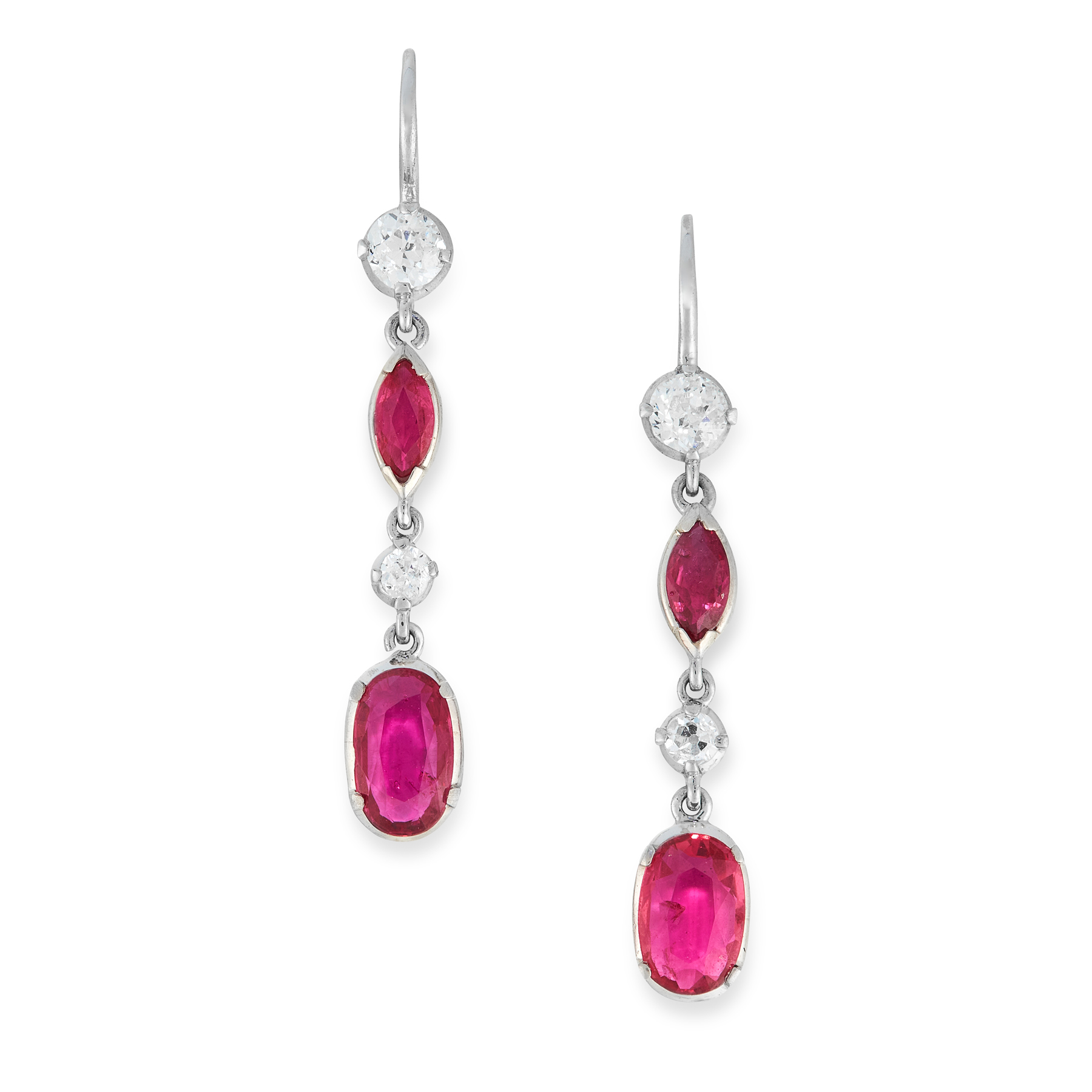 A PAIR OF RUBY AND DIAMOND EARRINGS each set with round cut diamonds and a marquise and oval cut