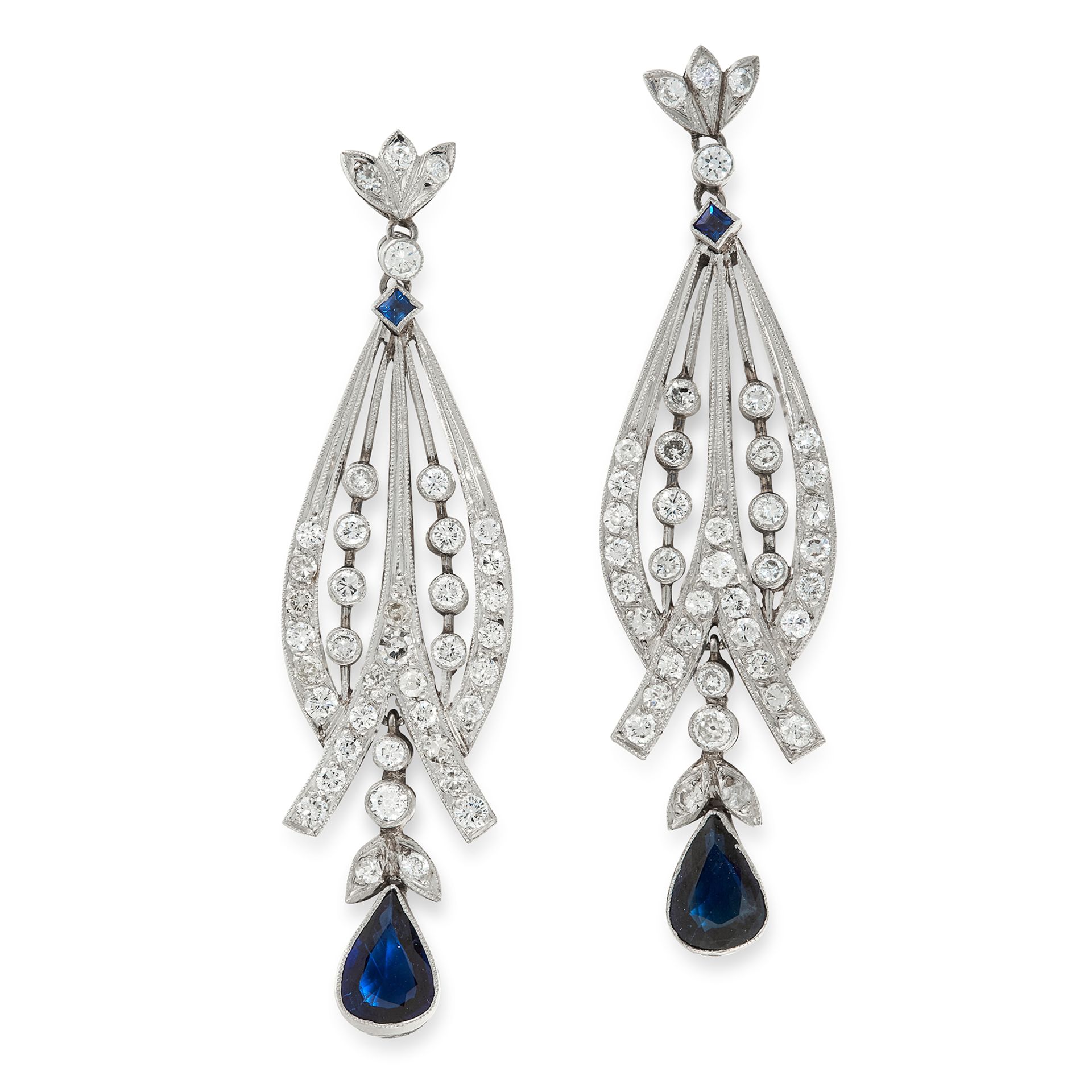 A PAIR OF SAPPHIRE AND DIAMOND DROP EARRINGS in decorated teardrop form, the central body is set