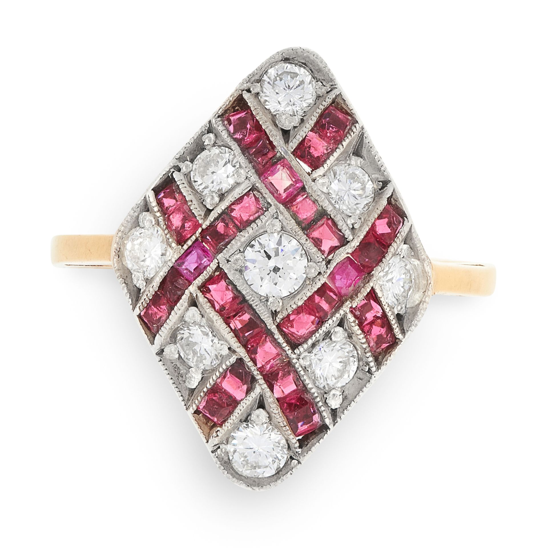 A RUBY AND DIAMOND DRESS RING in 18ct yellow gold, the kite shaped face set with alternating round