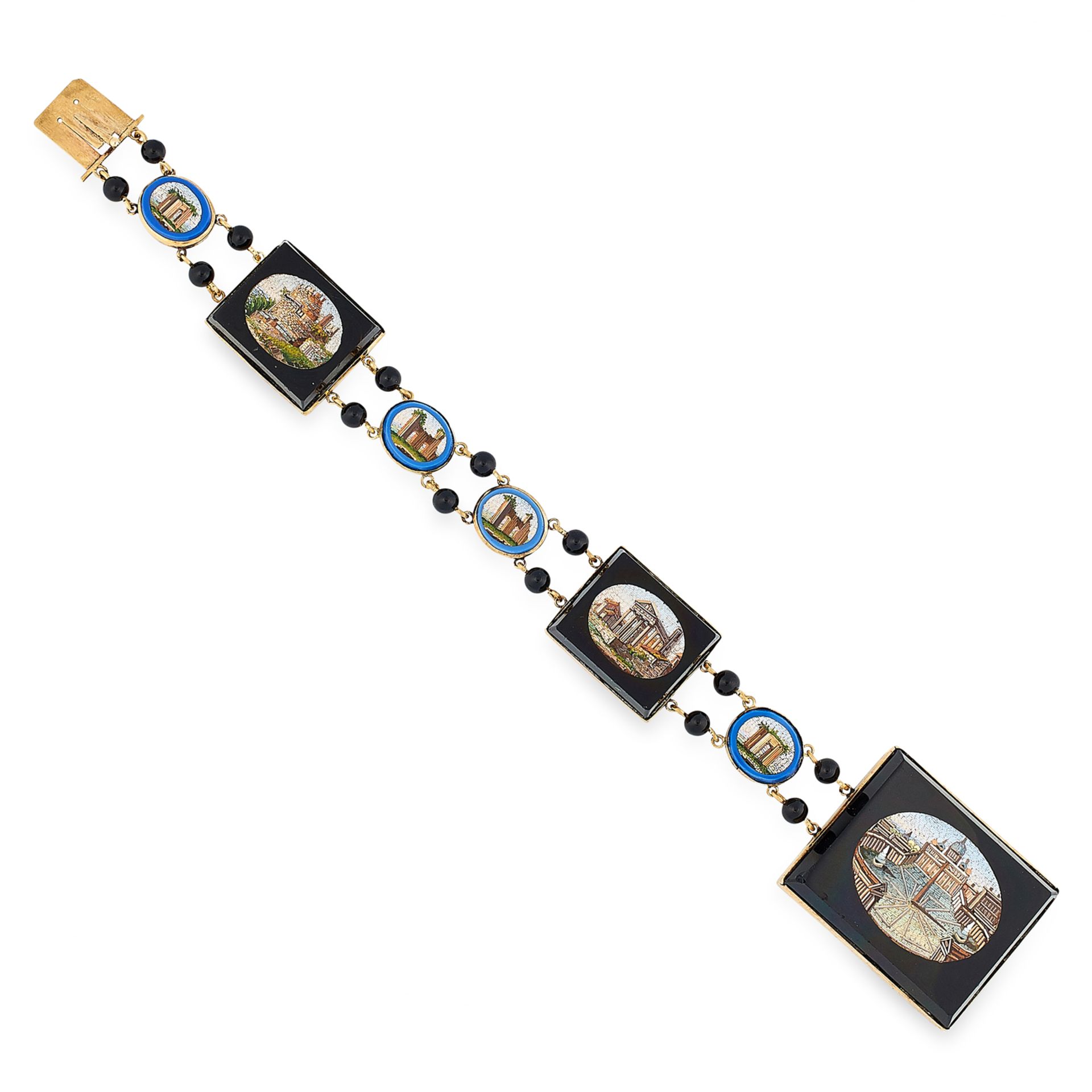 AN ANTIQUE MICROMOSAIC BRACELET, 19TH CENTURY in yellow gold, comprising three graduated rectangular