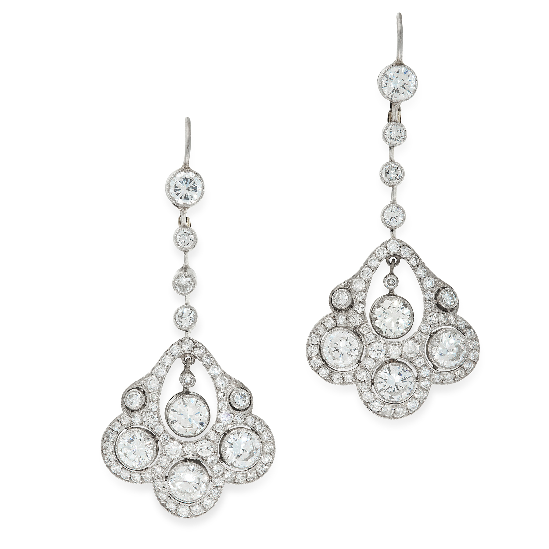 A PAIR OF DIAMOND DROP EARRINGS in white and yellow gold, comprising of a graduating row of round