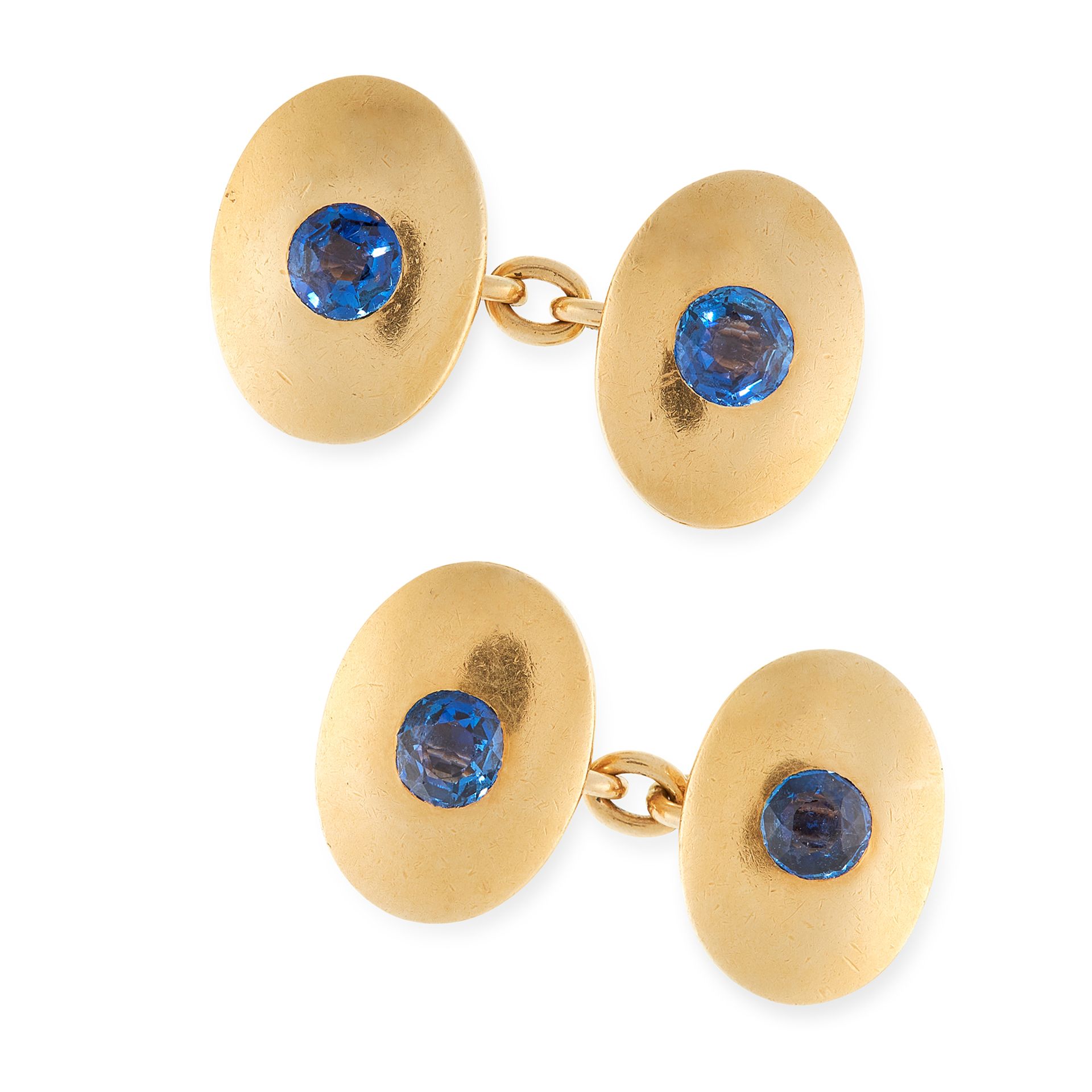 A PAIR OF SAPPHIRE CUFFLINKS in 18ct yellow gold, each formed of two oval faces, set with four round