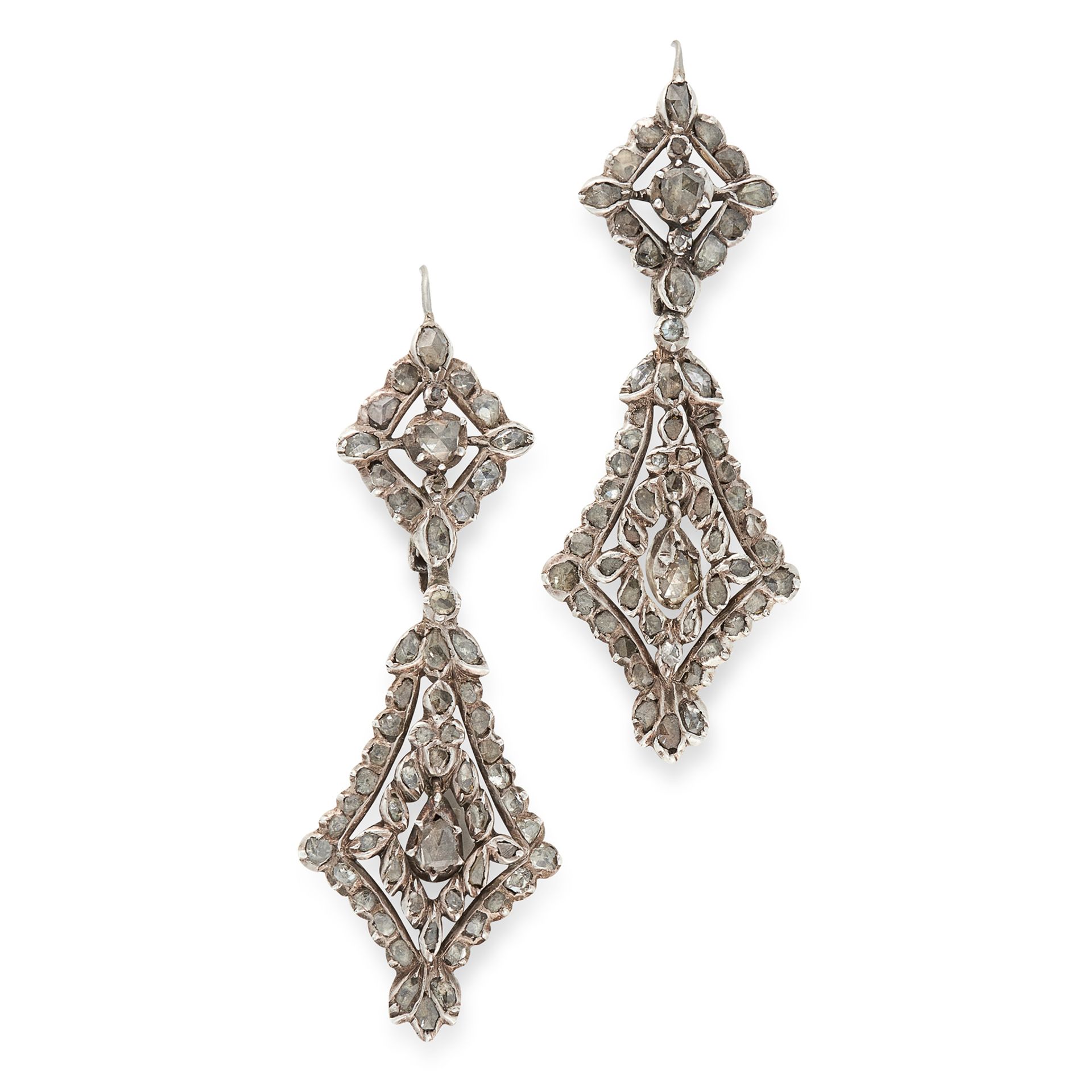 A PAIR OF ANTIQUE DIAMOND EARRINGS, CIRCA 1800 in silver, the tapering, articulated bodies set