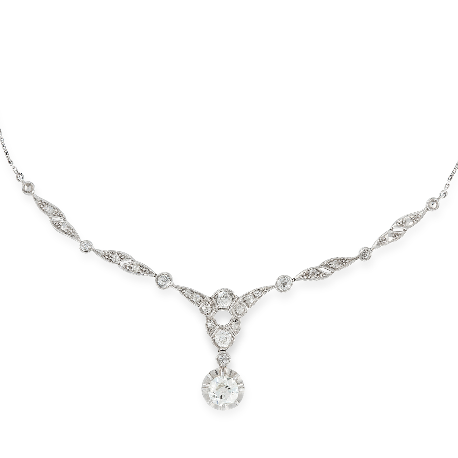 A DIAMOND NECKLACE in white gold or platinum, formed of stylised diamond set links punctuated by