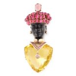 A VINTAGE GEMSET BLACKAMOOR BROOCH comprising a carved hardstone face, the body formed of a