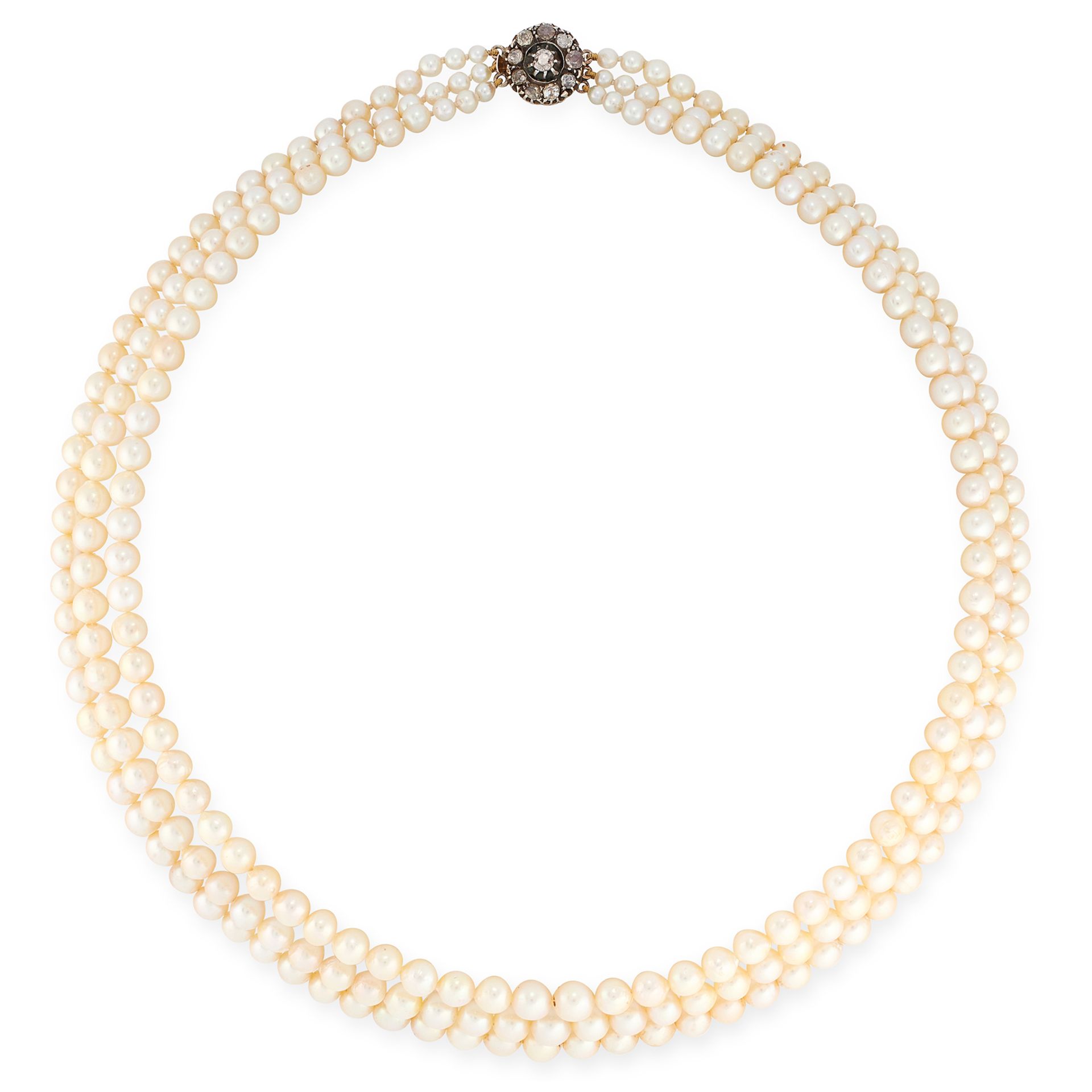 A THREE ROW PEARL AND DIAMOND NECKLACE in yellow gold, comprising three rows of graduated pearls