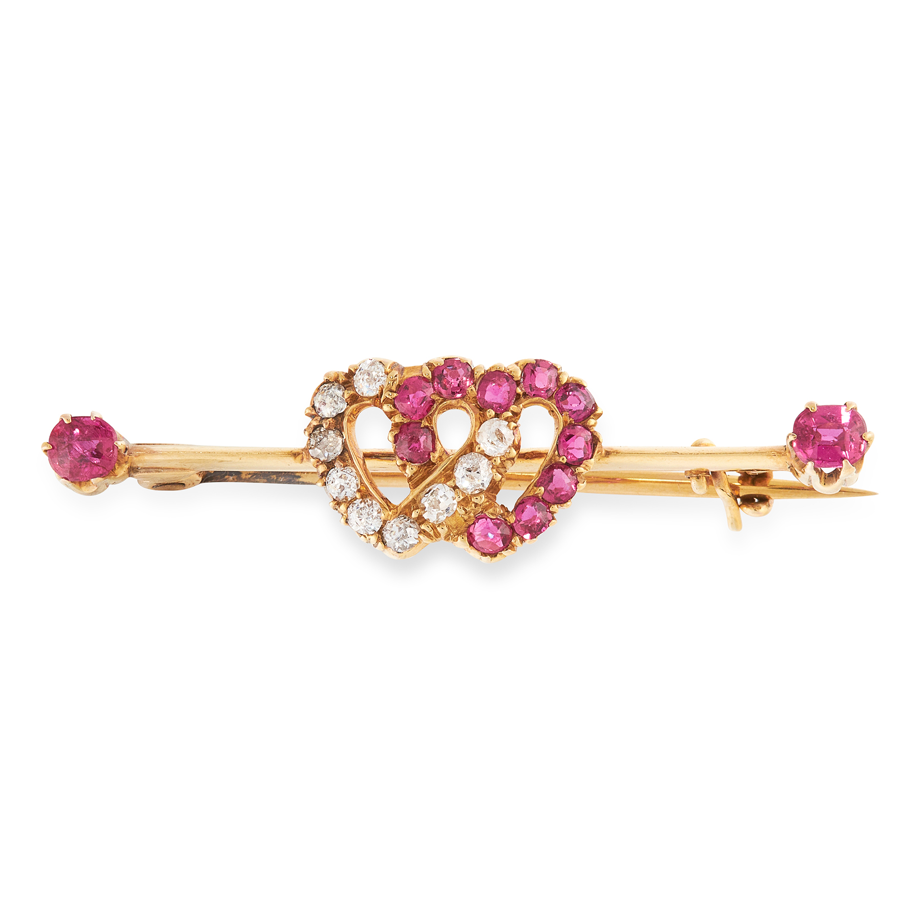 AN ANTIQUE DIAMOND AND RUBY HEART BROOCH in yellow gold, in the form of two intwined hearts set with