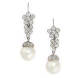 A PAIR OF NATURAL PEARL AND DIAMOND EARRINGS each set with a natural pearl of 9.71 and 9.04mm,