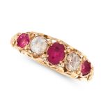 AN ANTIQUE RUBY AND DIAMOND FIVE STONE RING in 15ct yellow gold, set with alternating rose cut