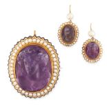 AN ANTIQUE AMETHYST CAMEO, PEARL AND ENAMEL BROOCH / PENDANT AND EARRINGS SUITE, 19TH CENTURY in