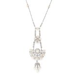 AN ANTIQUE NATURAL SALTWATER PEARL AND DIAMOND PENDANT NECKLACE the pendant is set with two clusters