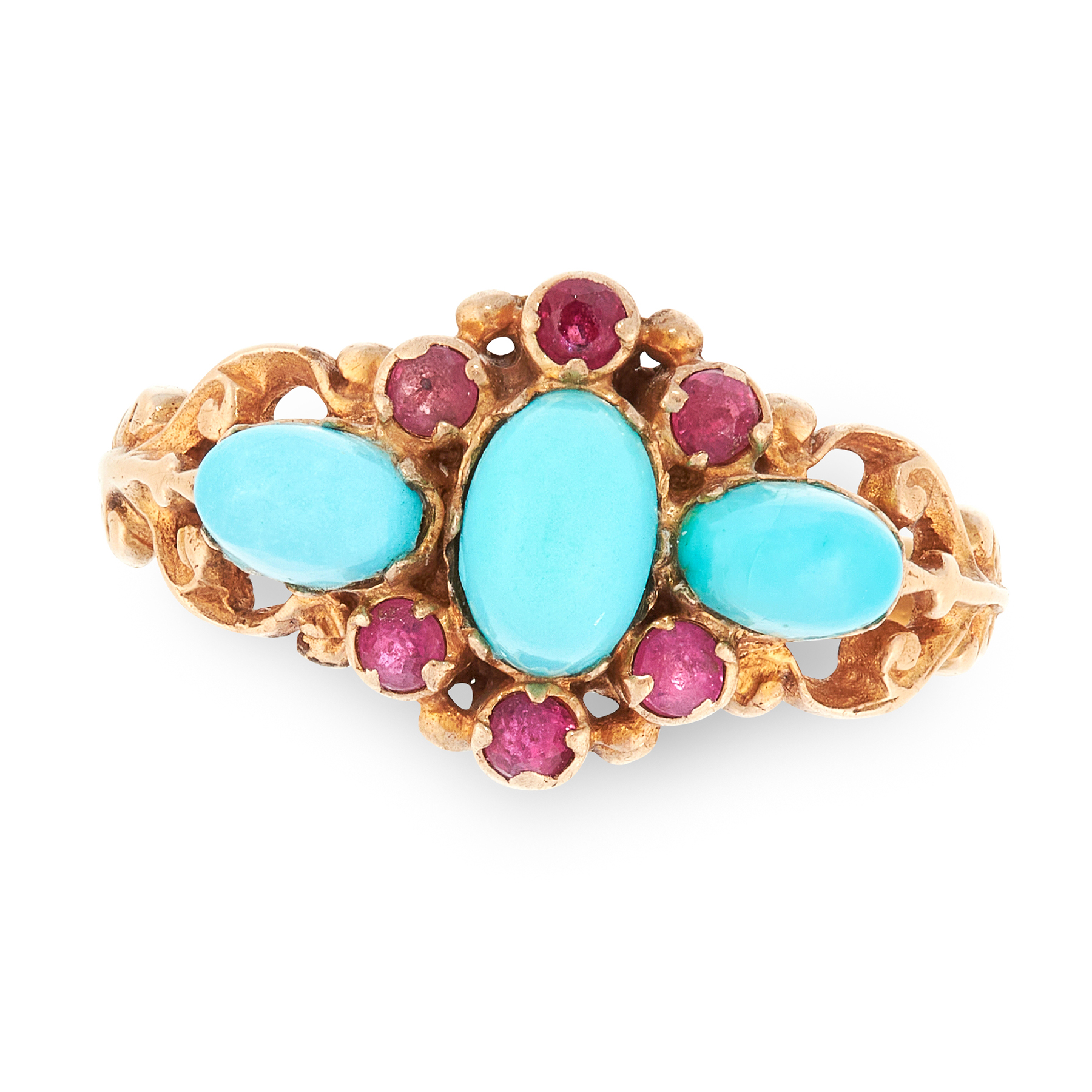 A TURQUOISE AND RUBY RING in yellow gold, set with a central cabochon turquoise in a border of round