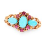 A TURQUOISE AND RUBY RING in yellow gold, set with a central cabochon turquoise in a border of round