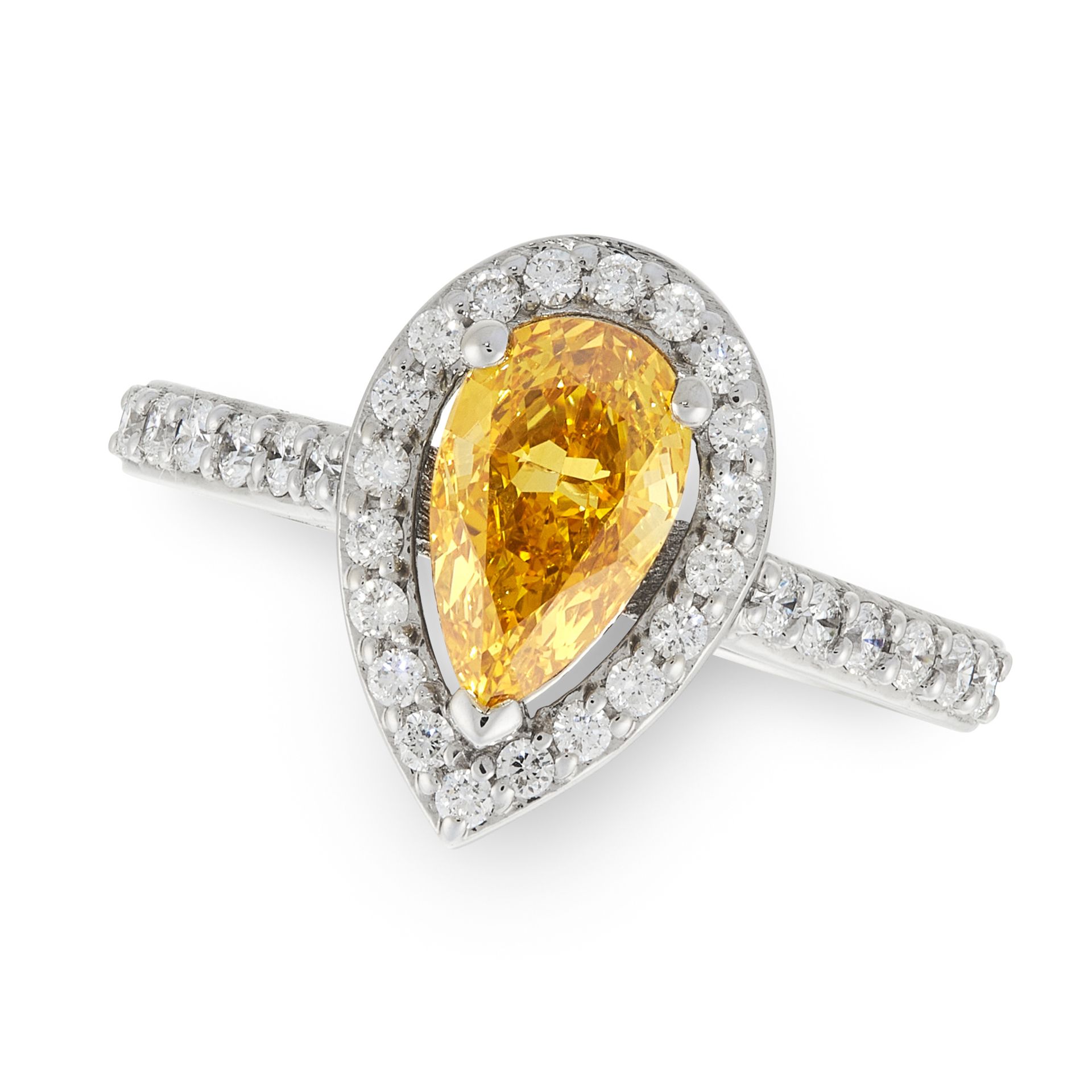 A FANCY INTENSE ORANGE-YELLOW DIAMOND AND WHITE DIAMOND RING in 18ct white gold, set with a pear