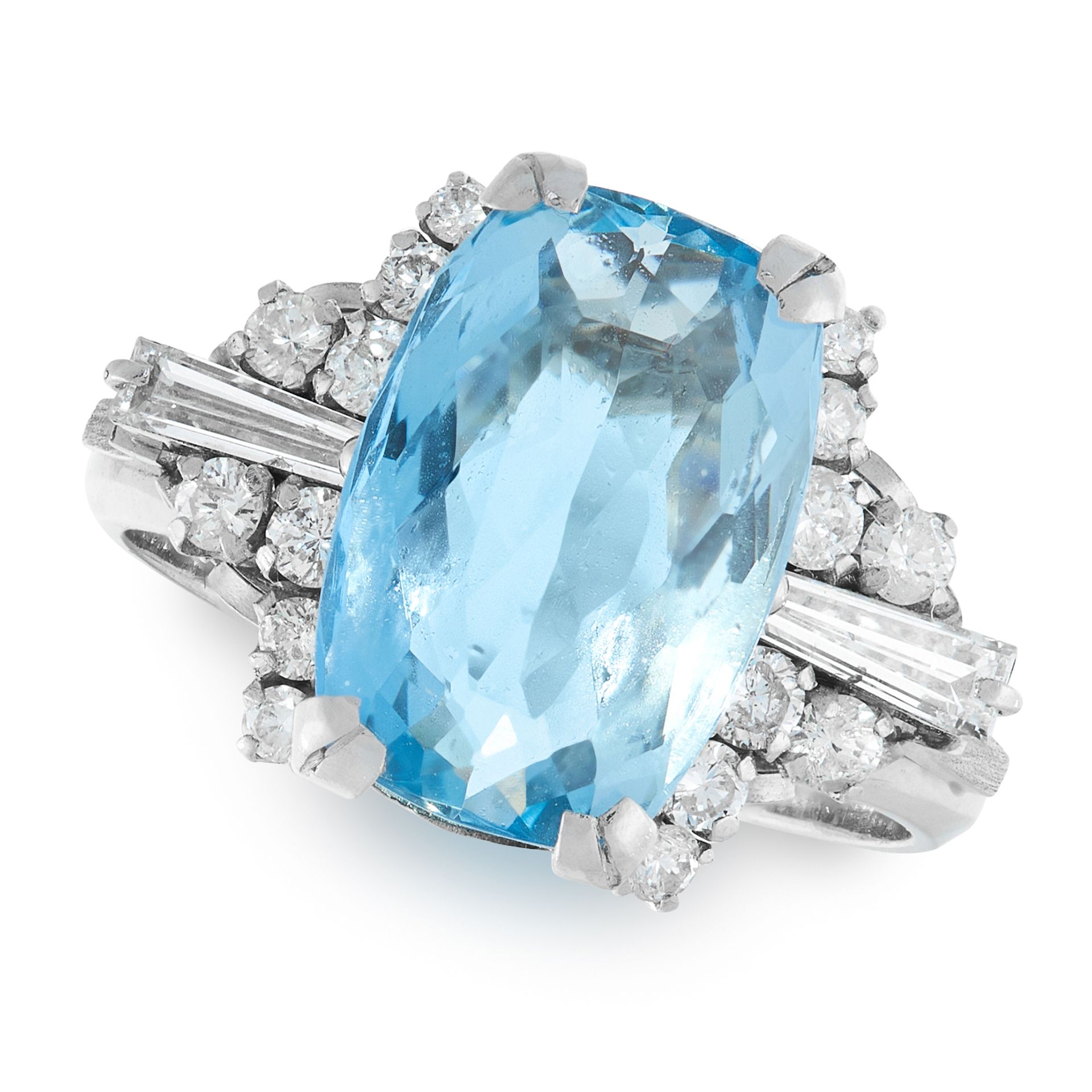 AN AQUAMARINE AND DIAMOND RING in platinum, set with an cushion cut aquamarine of 4.70 carats, the