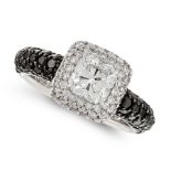 A BLACK AND WHITE DIAMOND RING in 18ct white gold, pave set with round cut black and white