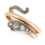 AN ANTIQUE DIAMOND AND RUBY SNAKE RING, 19TH CENTURY in yellow gold and silver, designed as a