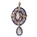 AN ANTIQUE VICTORIAN OPAL, DIAMOND AND ENAMEL PENDANT in high carat yellow gold, in the form of an