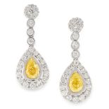 A PAIR OF FANCY YELLOW DIAMOND AND WHITE DIAMOND EARRINGS in 18ct white gold, each set with a pear