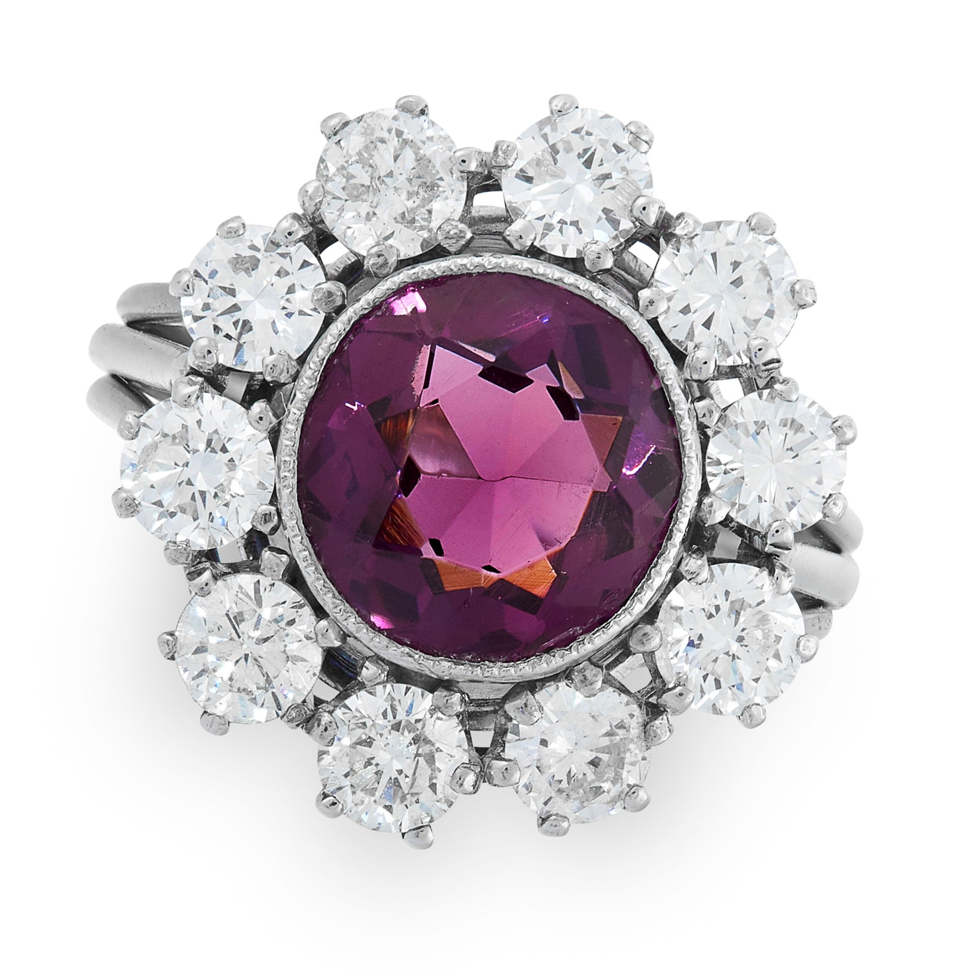 AN AMETHYST AND DIAMOND CLUSTER RING set with a round cut amethyst of 1.53 carats within a cluster