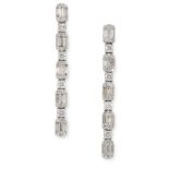 A PAIR OF DIAMOND DROP EARRINGS in 18ct white gold, set with alternating baguette and round cut