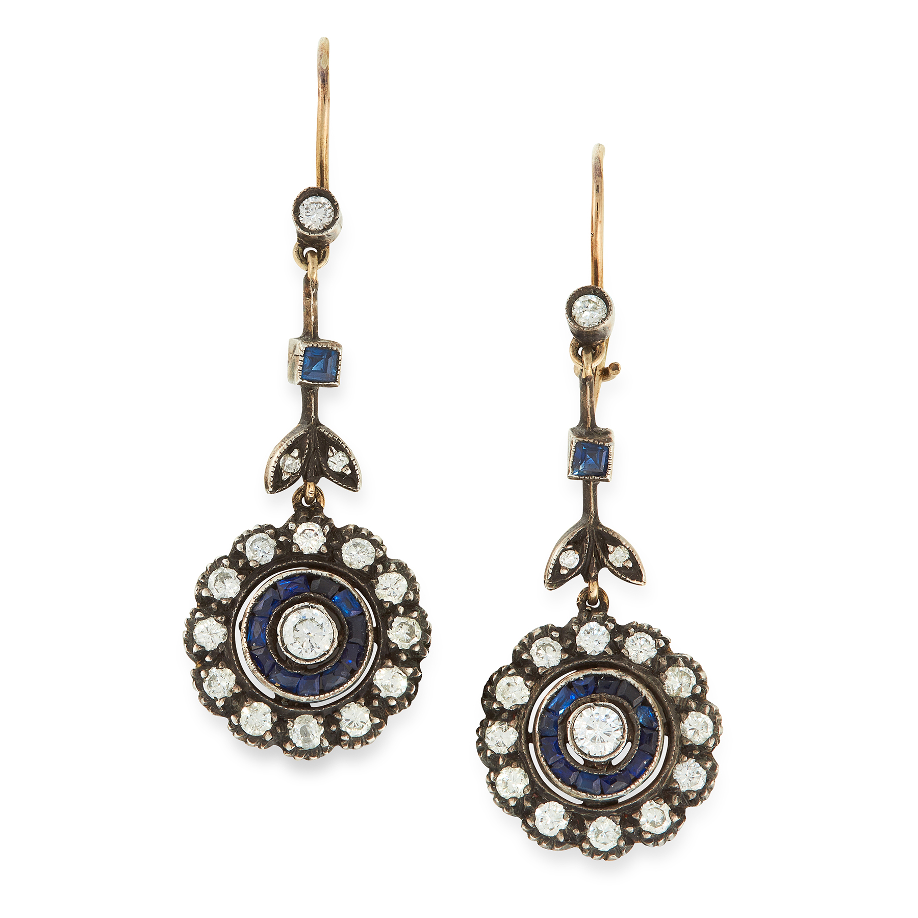 A PAIR OF DIAMOND AND SAPPHIRE DROP EARRINGS in yellow gold and silver, each set with a round cut