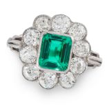 A COLOMBIAN EMERALD AND DIAMOND CLUSTER RING set with an octagonal cut emerald of 1.55 carats, in