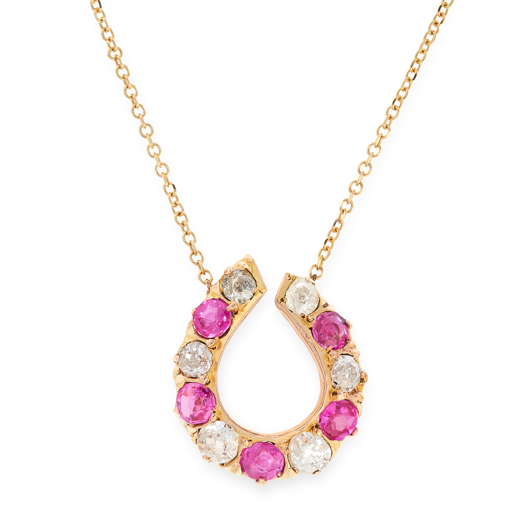 A RUBY AND DIAMOND HORSESHOE PENDANT NECKLACE in 9ct yellow gold, the pendant designed as a