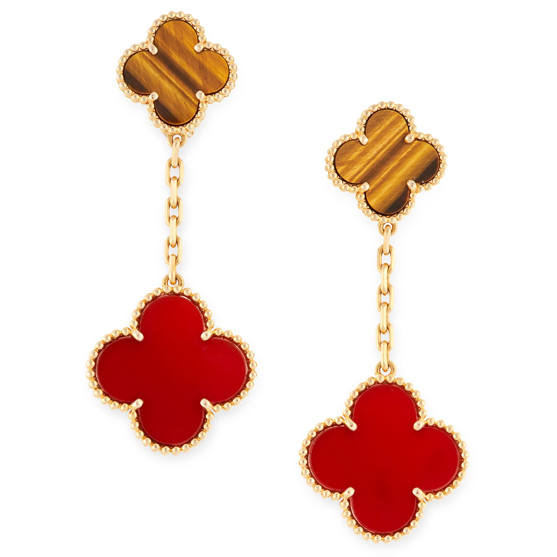 A PAIR OF TIGERS EYE AND CARNELIAN ALHAMBRA EARRINGS, VAN CLEEF & ARPELS in 18ct yellow gold, each