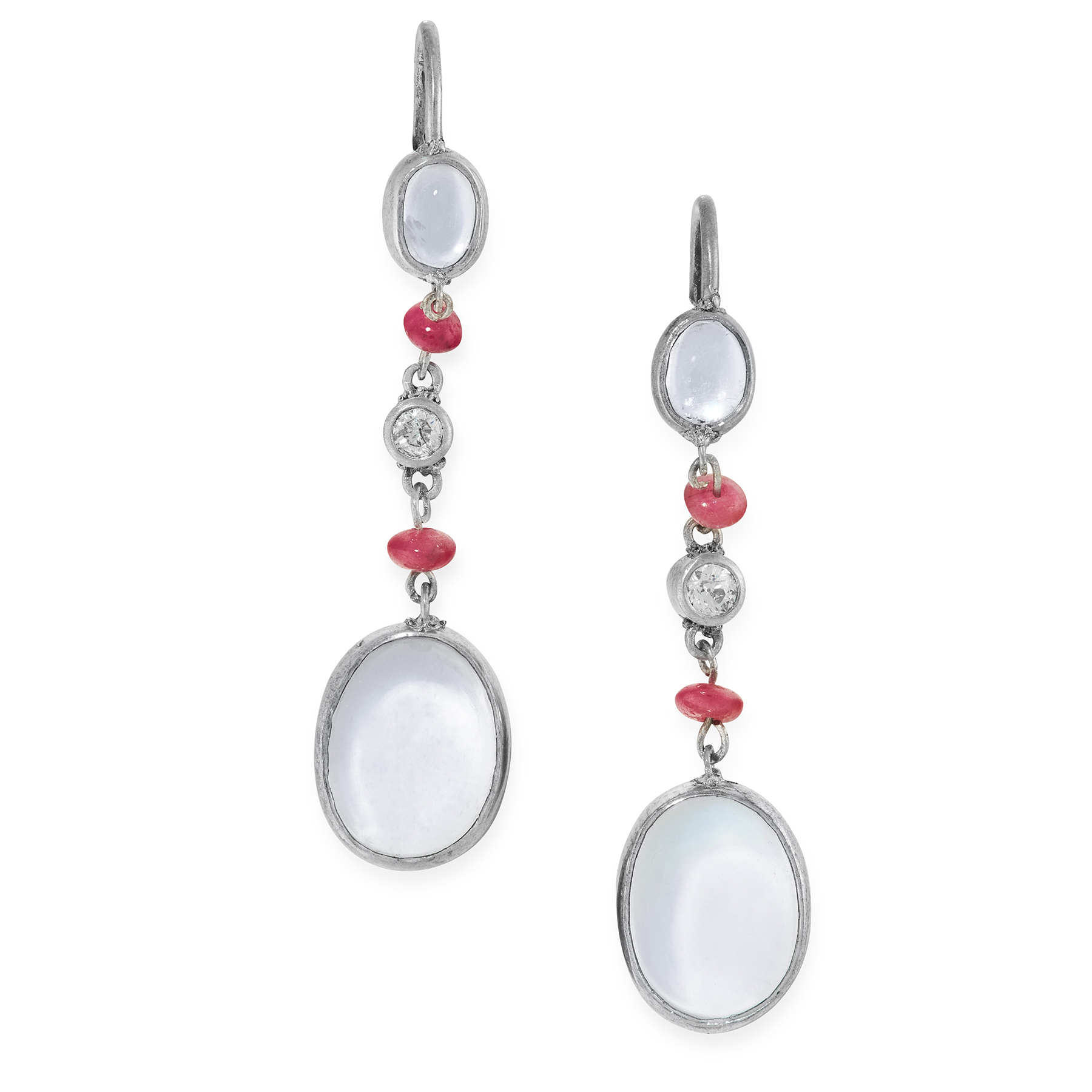 A PAIR OF MOONSTONE, RUBY AND DIAMOND EARRINGS each set with an oval cabochon moonstone suspended