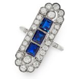 AN ART DECO SAPPHIRE AND DIAMOND RING in elongated open framework design, set with a trio of step