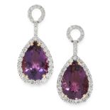 A PAIR OF AMETHYST AND DIAMOND EARRINGS in 18ct yellow gold, each set with a pear cut amethyst 8.