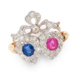 A SAPPHIRE, RUBY AND DIAMOND SWEETHEART RING in 18ct yellow gold and silver, in ribbon and heart