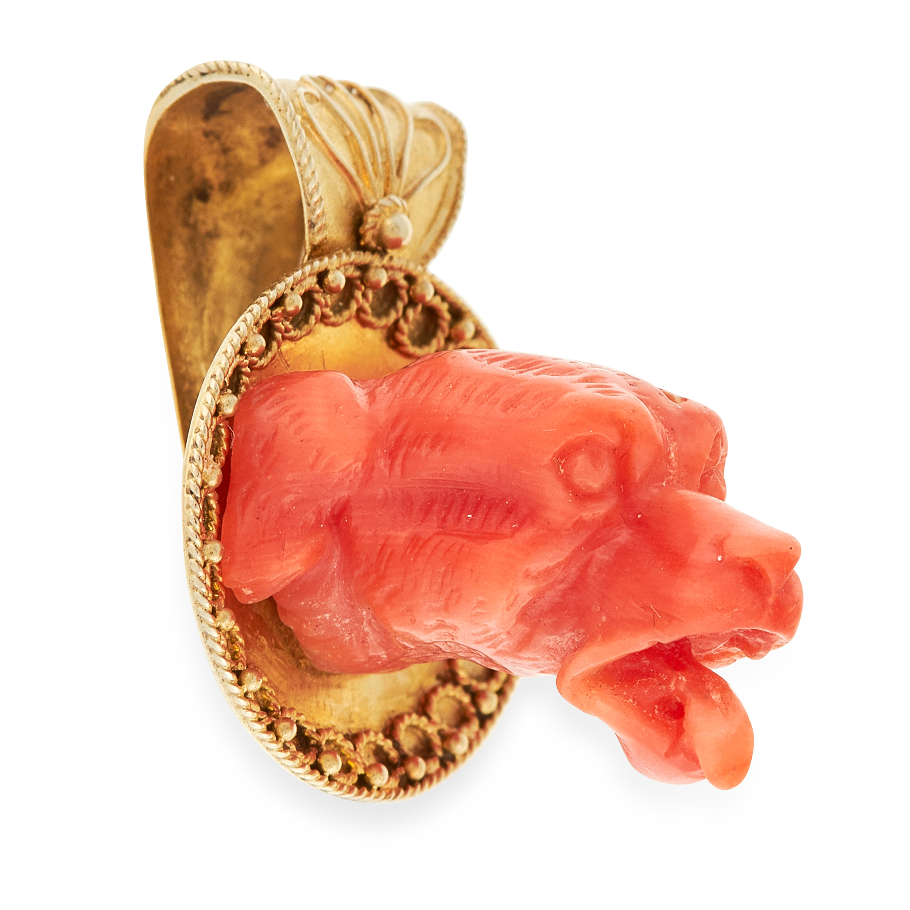 AN ANTIQUE CARVED CORAL DOG PENDANT, 19TH CENTURY, JOHN BROGDON in yellow gold, set with a the