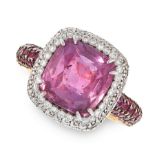 A PINK SAPPHIRE AND DIAMOND RING in 18ct rose gold, set with a central cushion cut pink sapphire