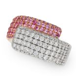 A PINK SAPPHIRE AND DIAMOND RING, DAVID MORRIS in 18ct rose and white gold, in crossover design,