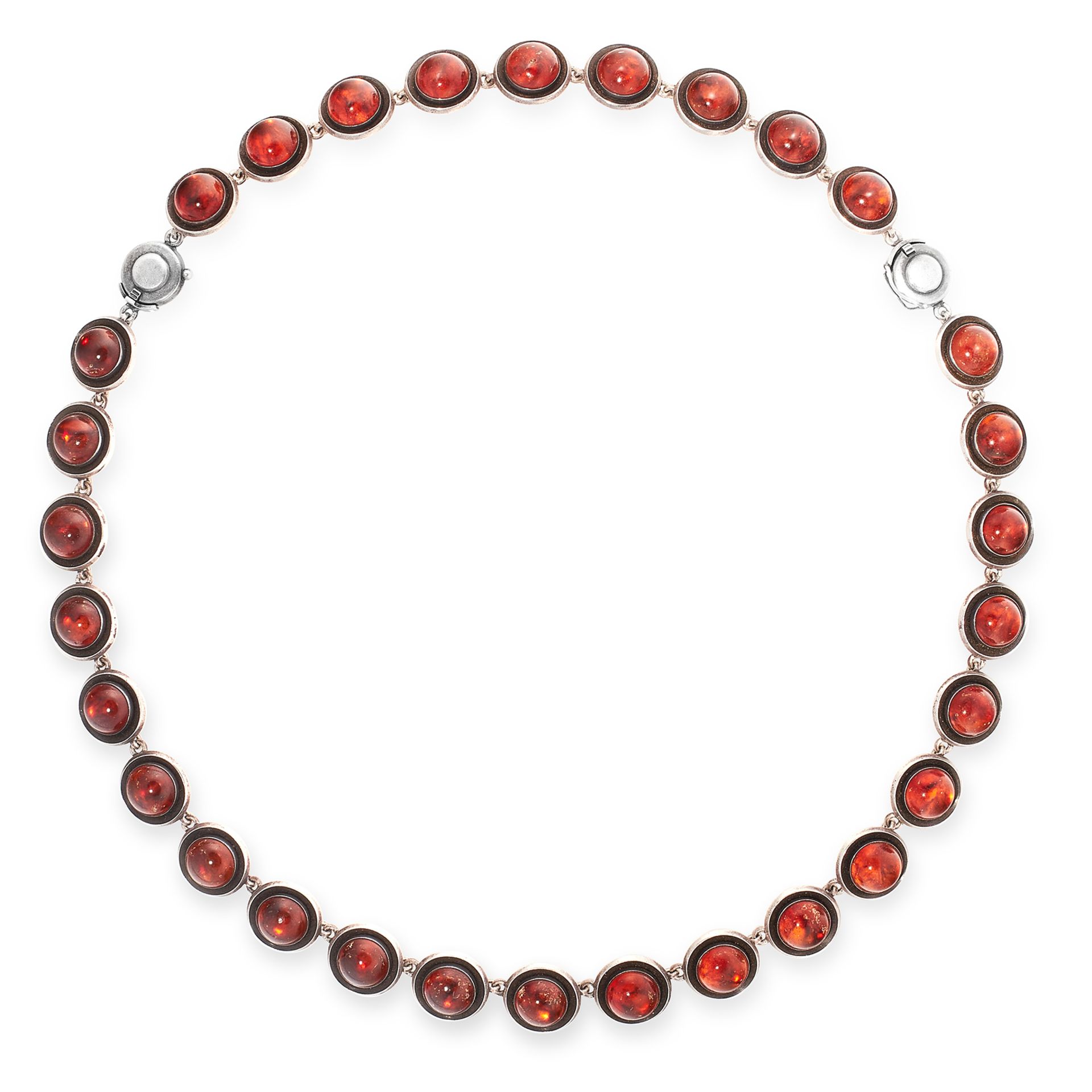 A VINTAGE AMBER BEAD NECKLACE / BRACELET, N E FROM in silver, set with orange amber cabochons within