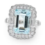 AN AQUAMARINE AND DIAMOND RING in 18ct white gold, set with an emerald cut aquamarine of 4.67 in a