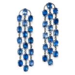 A PAIR OF SAPPHIRE AND DIAMOND CHANDELIER EARRINGS in 18ct white gold, each designed as a trio of