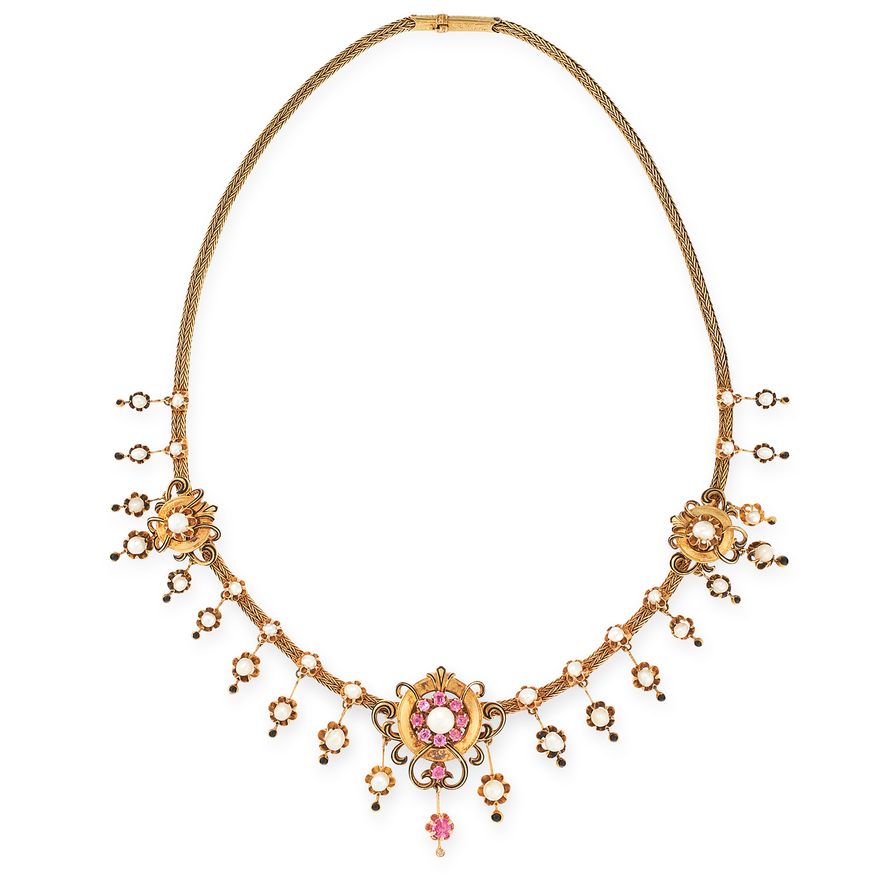 AN ANTIQUE PEARL, RUBY AND ENAMEL NECKLACE in 18ct yellow gold, formed of a woven fancy link chain