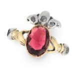 AN ANTIQUE GARNET AND DIAMOND FEDE RING in yellow gold and silver, set with a central oval cut