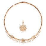 AN ANTIQUE PEARL NECKLACE AND PENDANT / BROOCH in yellow gold, the chain comprising of a row of seed
