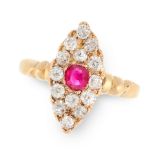 AN ANTIQUE RUBY AND DIAMOND RING in high carat yellow gold, the marquise face set with a cushion cut