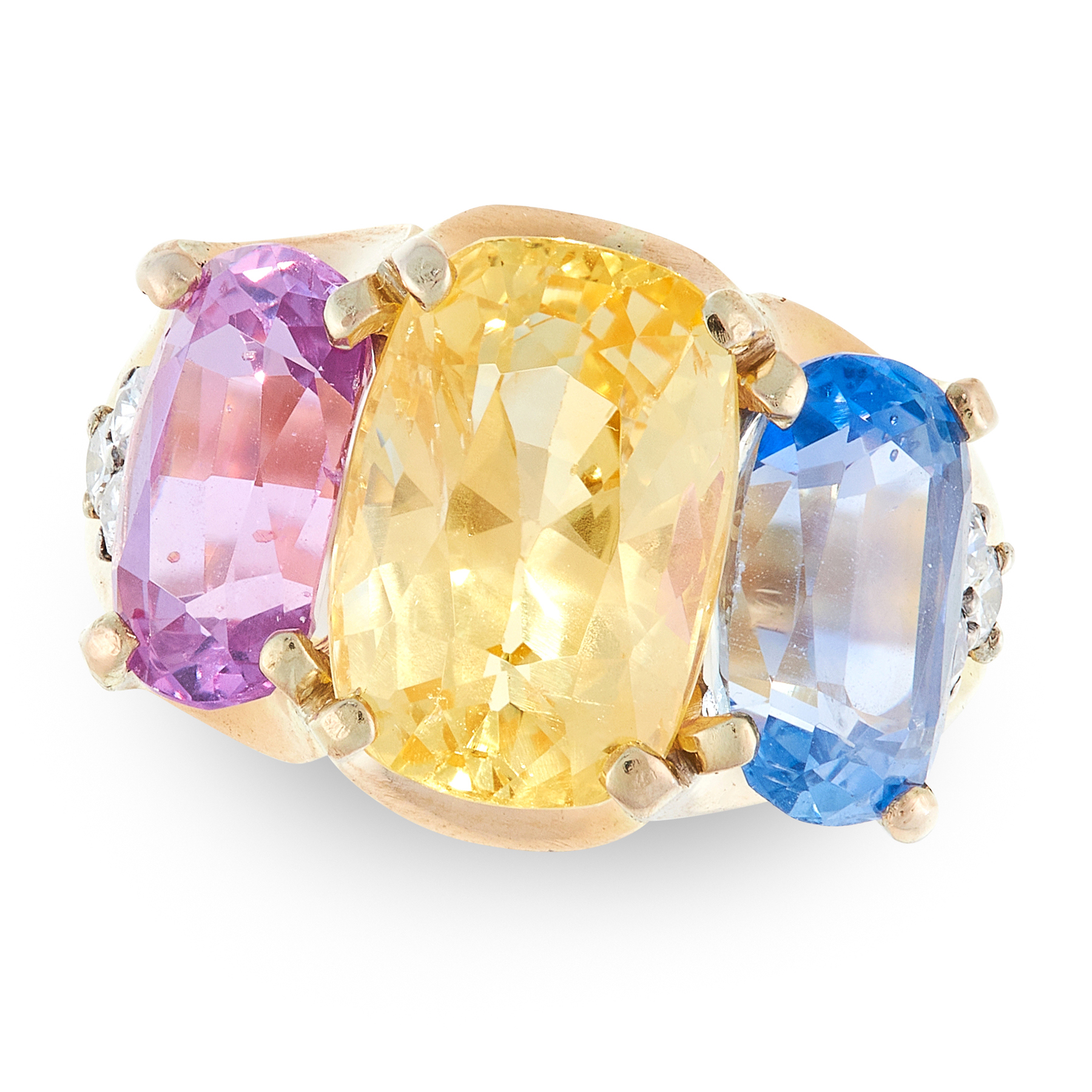 A SAPPHIRE AND DIAMOND DRESS RING in high carat yellow gold, set with three cushion cut blue, yellow