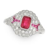 A DIAMOND AND RUBY RING set with a central emerald cut ruby, in a scallop edged border, set with